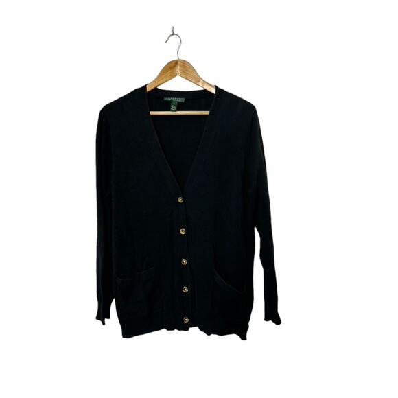 LRL Lauren Ralph Lauren True Navy V-Neck Cardigan Sweater Size 1X Gold Buttons - Picture 1 of 7